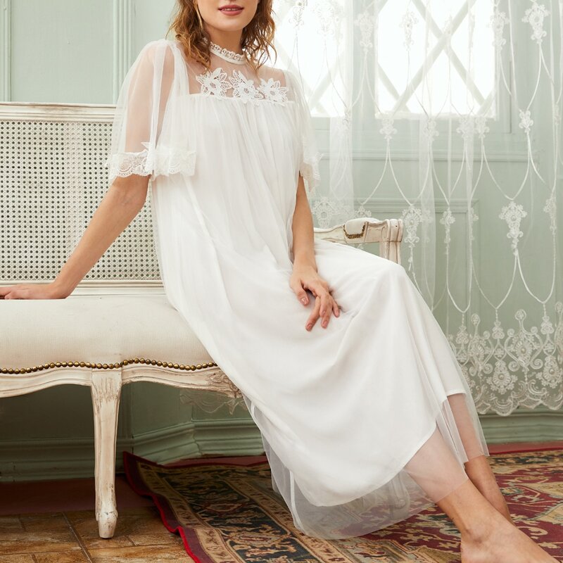 

Floral Embroidered Flutter Sleeve Mesh Nightdress, White