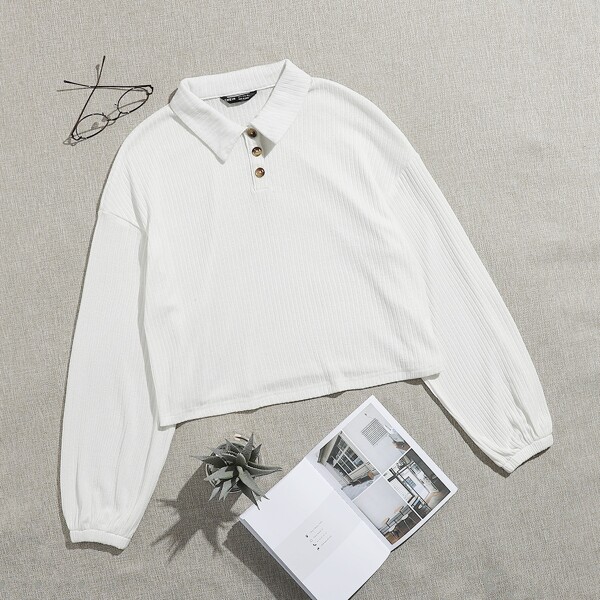 

Drop Shoulder Rib-knit Polo Shirt, White