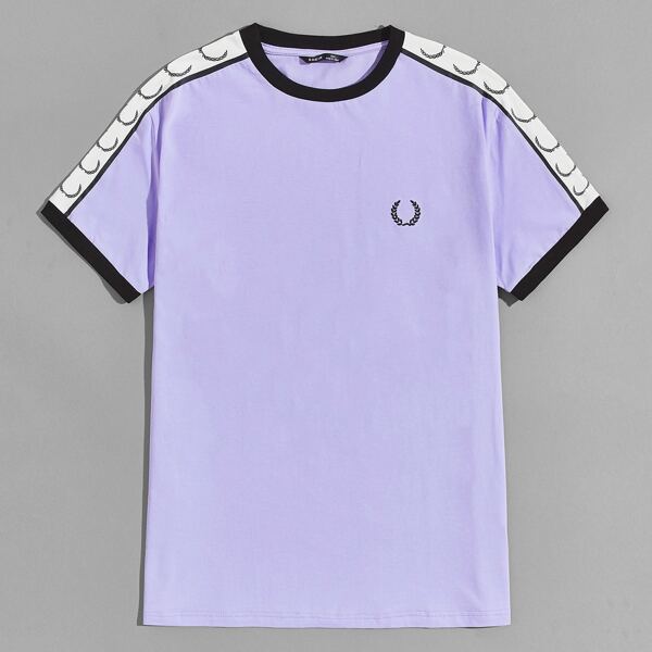 

Men Contrast Trim Graphic Embroidery Top, Violet purple