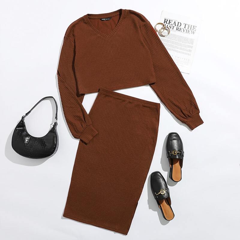 

V-neck Rib-knit Tee and Pencil Skirt Set, Rust brown