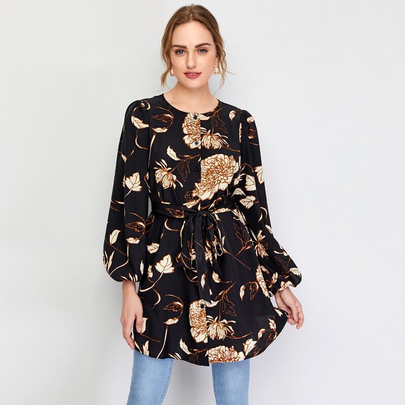 

Lantern Sleeve Buttoned Front Self Belted Floral Blouse, Black