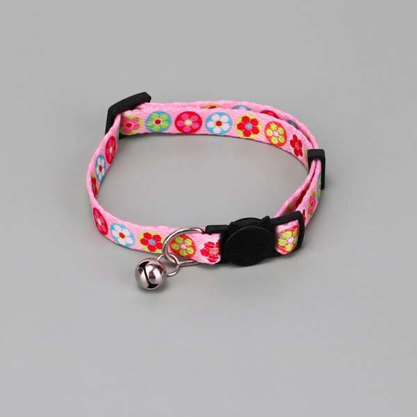 

Bell Decor Flower Print Cat Collar, Pink