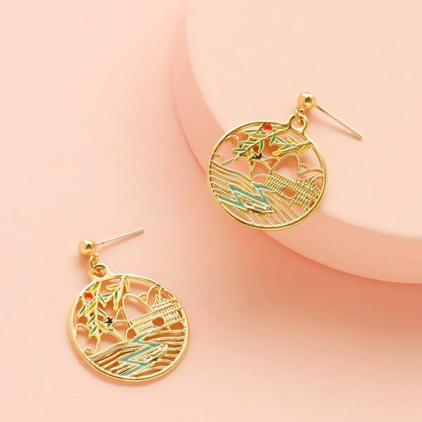 

Chinese Style Round Drop Earrings, Gold