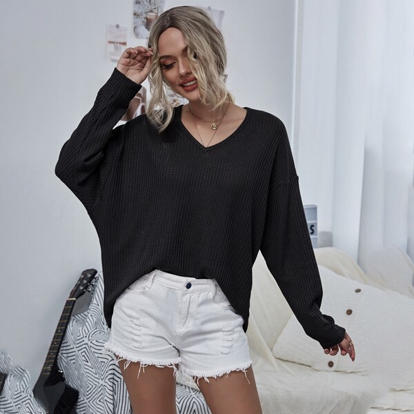 

V-neck Drop Shoulder Solid Tee, Black