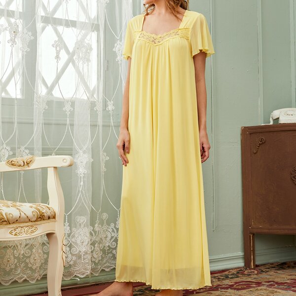 

Flutter Sleeve Embroidery Mesh Yoke Nightdress, Yellow