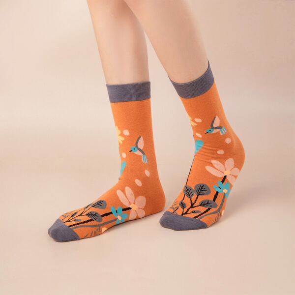 

Flower & Bird Pattern Socks, Multicolor