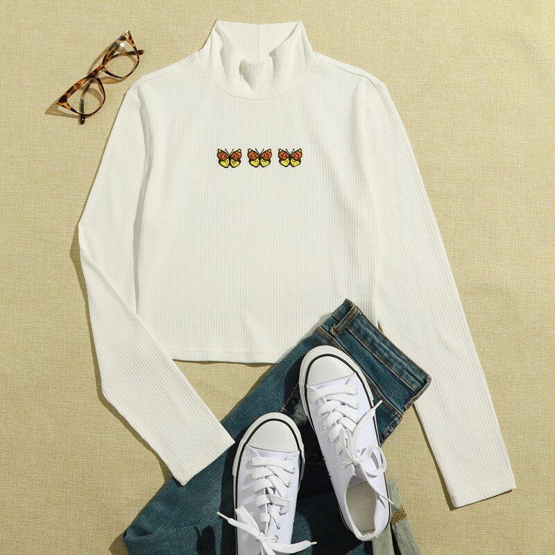 

Butterfly Embroidery Rib Top, White
