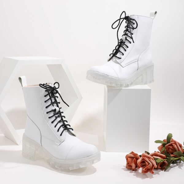 

Lace-up Front Mid Heeled Combat Boots, White