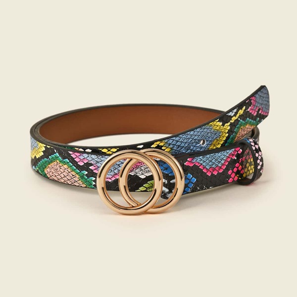 

Double O-ring Buckle Snakeskin Pattern Belt, Multicolor