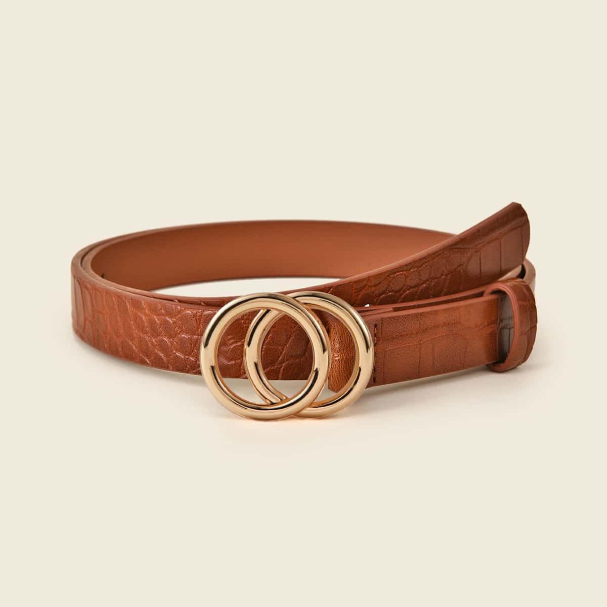 

Double O-ring Buckle Croc Embosses Belt, Brown