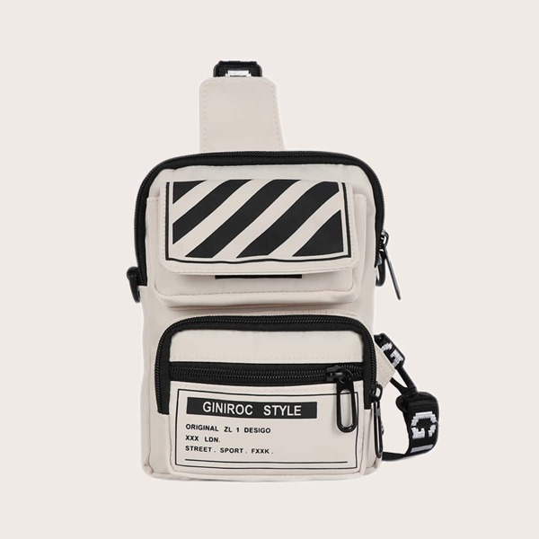 

Men Striped & Letter Graphic Sling Bag, Beige