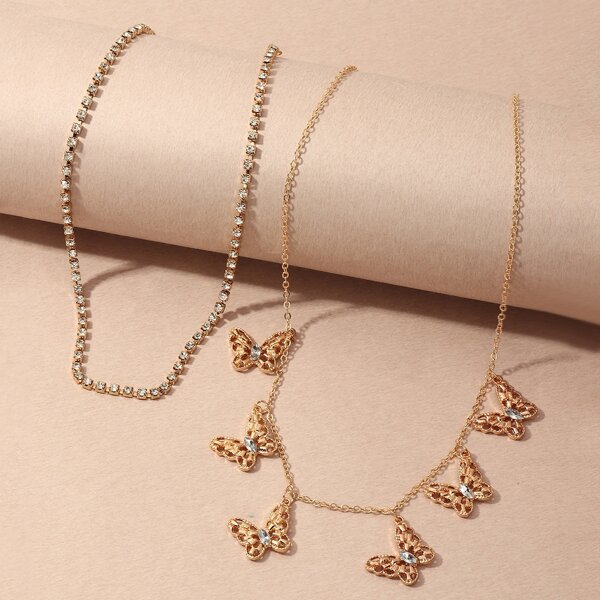 

2pcs Rhinestone Butterfly Decor Necklace, Gold