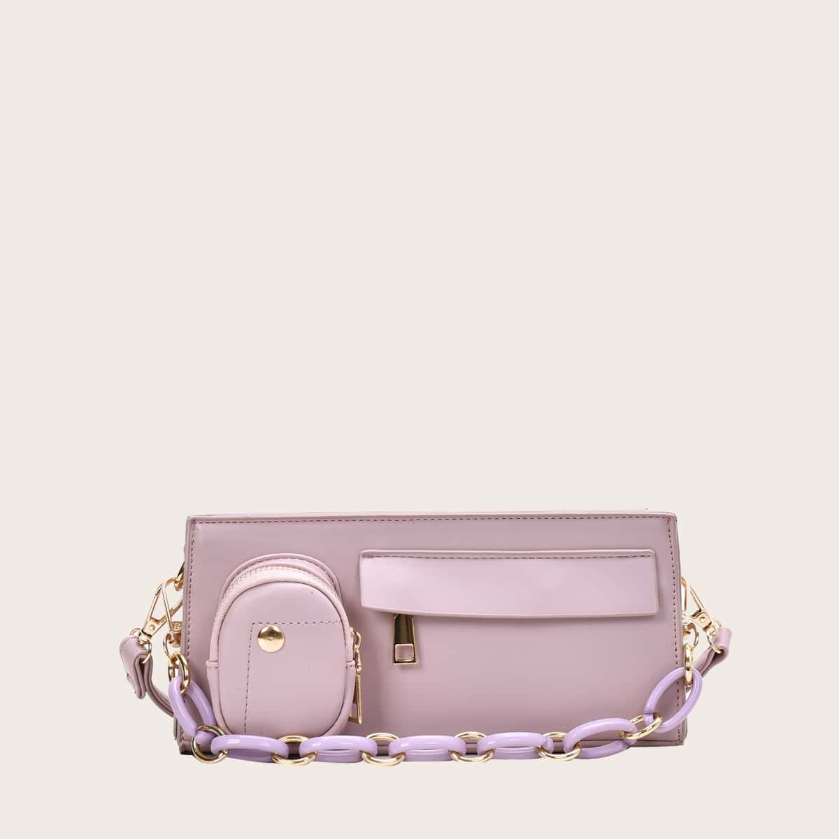 Pocket Front Shoulder Bag With Chain Handle, Purple