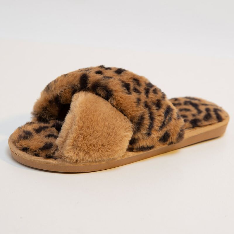 Leopard Fluffy Slippers, Brown