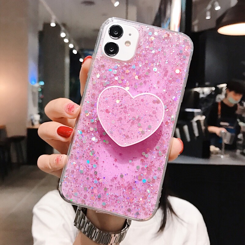 Sequin Heart Holder iPhone Case, Pink