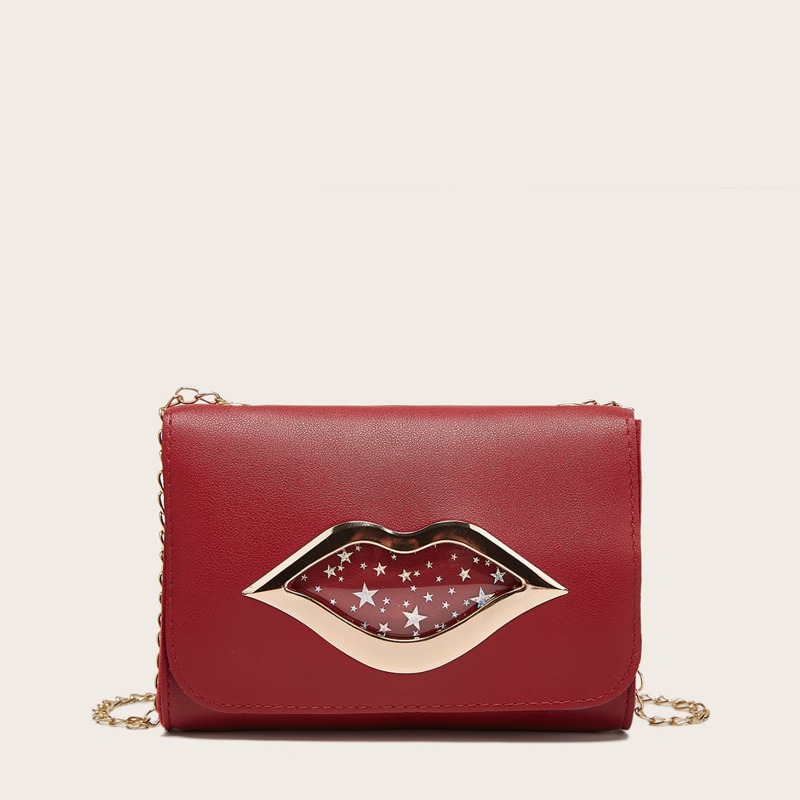 

Lips Decor Flap Chain Crossbody Bag, Red