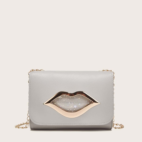 

Lips Decor Flap Chain Crossbody Bag, Grey