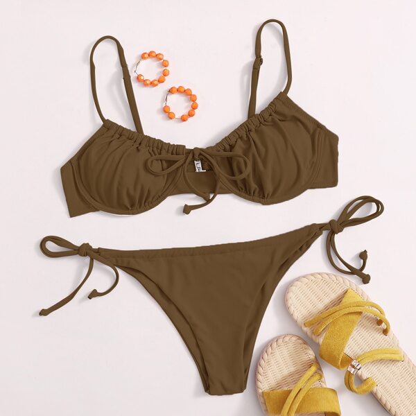

Knot Front Underwire Tie Side Bikini Swimsuit, Brown