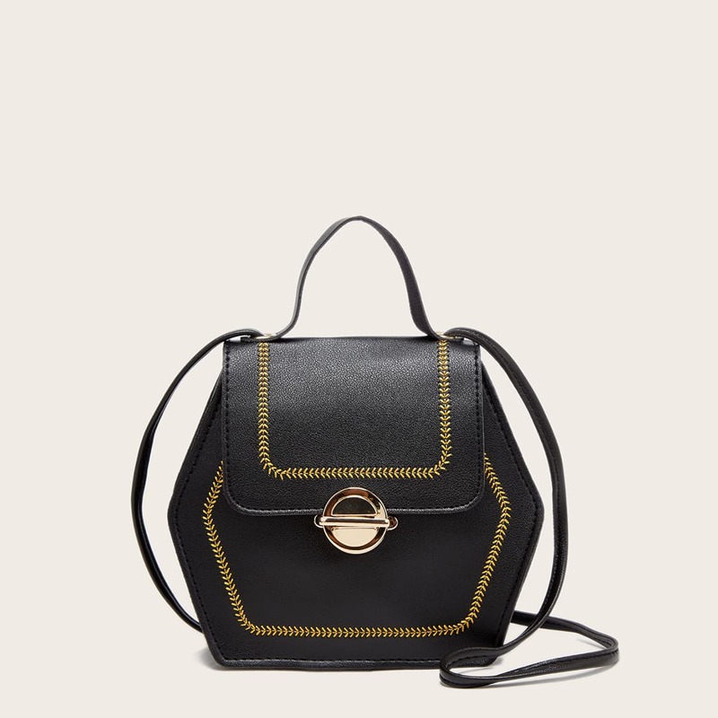 

Stitch Decor Push Lock Satchel Bag, Black