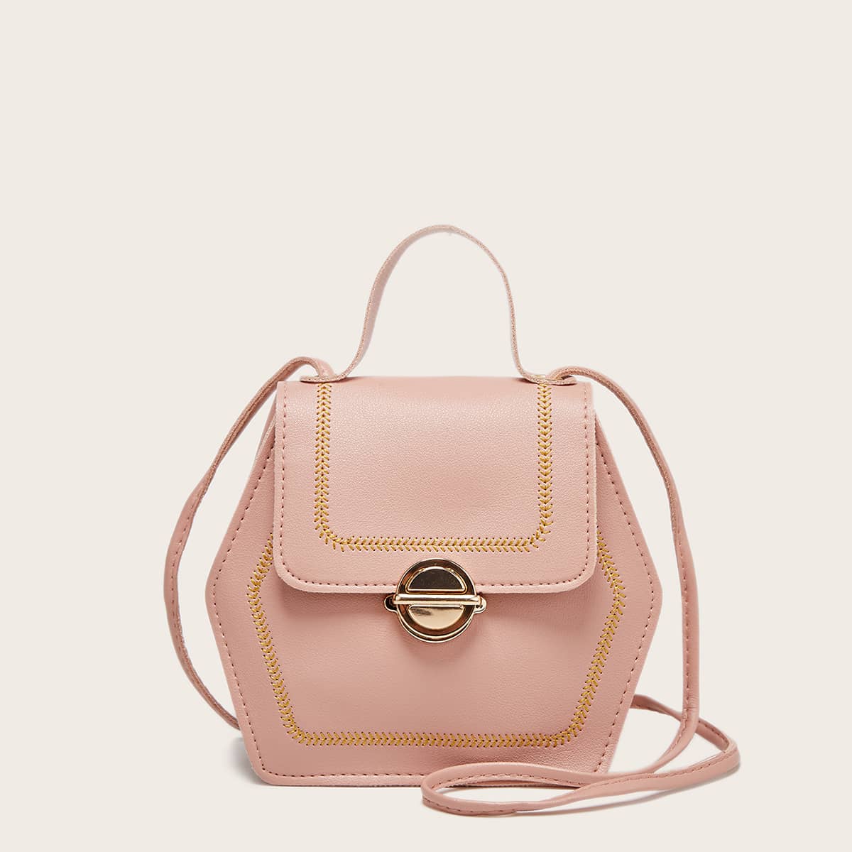 

Stitch Decor Push Lock Satchel Bag, Pink