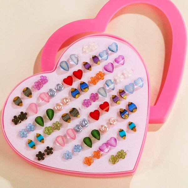 

36pairs Girls Flower & Heart Design Stud Earrings, Multicolor