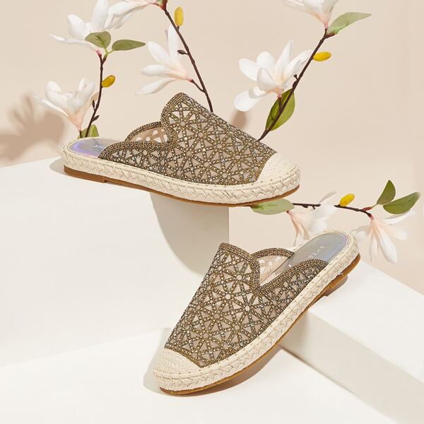

Rhinestone Decor Espadrille Mules, Champagne