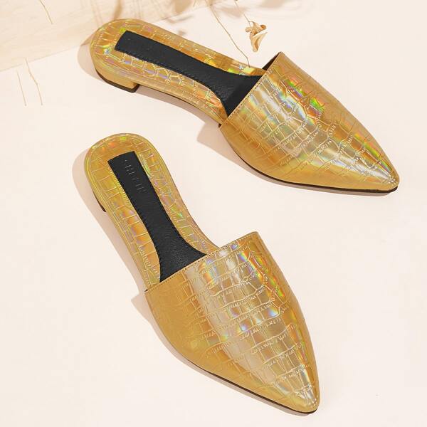 

Metallic Croc Embossed Mules, Gold