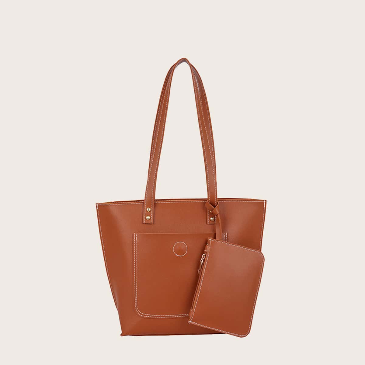 

Large Capacity Tote Bag With Clutch, Brown