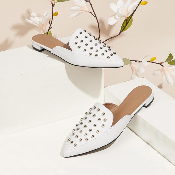 

Point Toe Studded Decor Mules, White
