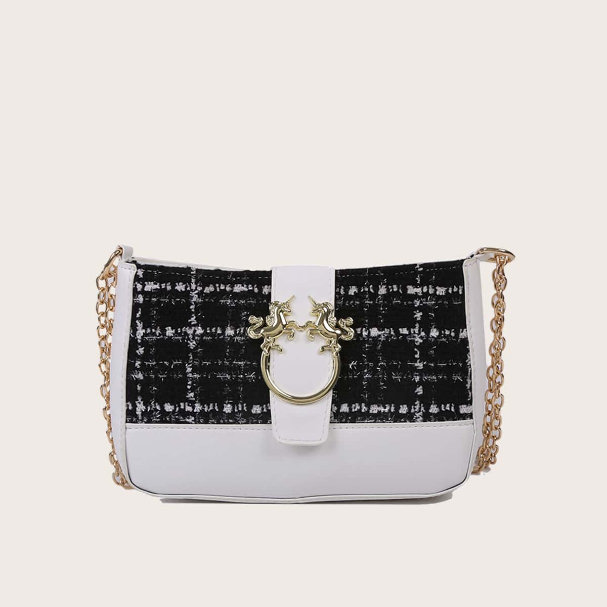 

Unicorn Decor Buckle Braided Chain Bag, Black and white