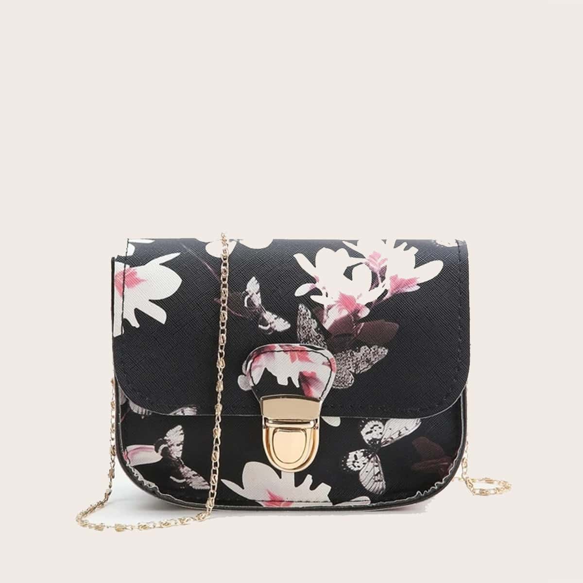 

Butterfly & Floral Chain Crossbody Bag, Black