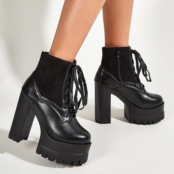 

Lace-up Front Chunky Heeled Ankle Boots, Black