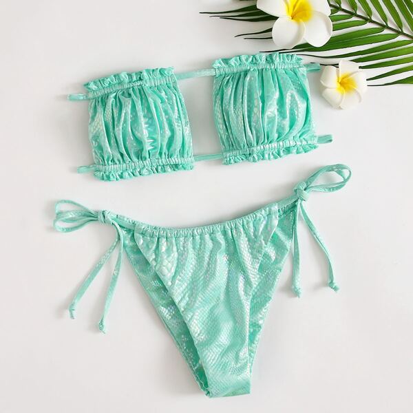 

Snakeskin Metallic Frill Bandeau Tie Side Bikini Swimsuit, Mint green