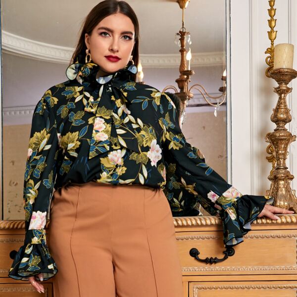 

Plus Tie Neck Ruffle Trim Floral Blouse, Multicolor