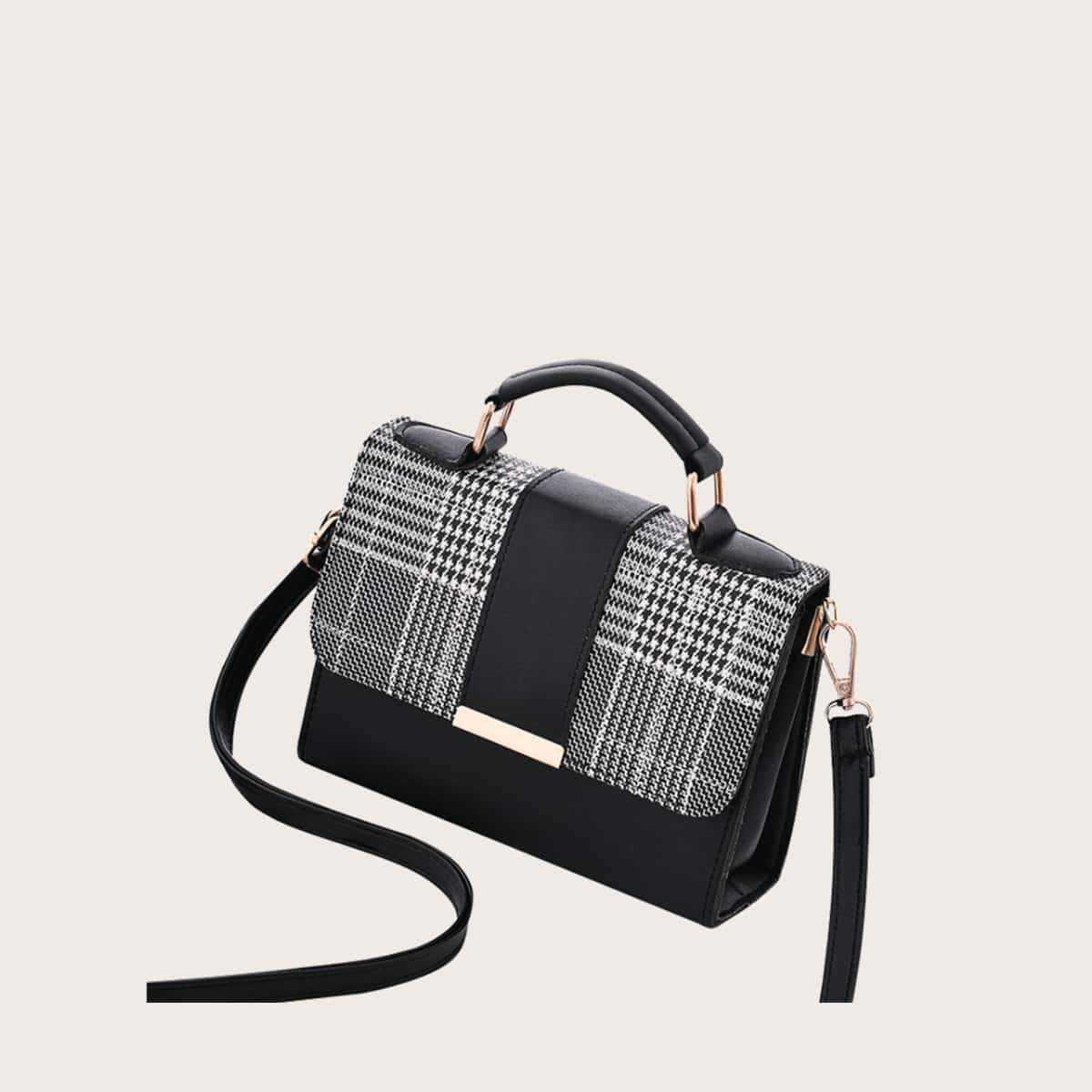 

Houndstooth Flap Satchel Bag, Black