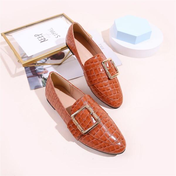 

Buckle Decor Croc Embossed Loafers, Brown