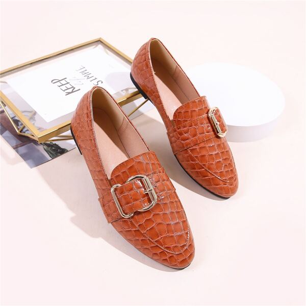 

Buckle Decor Croc Embossed Loafers, Brown