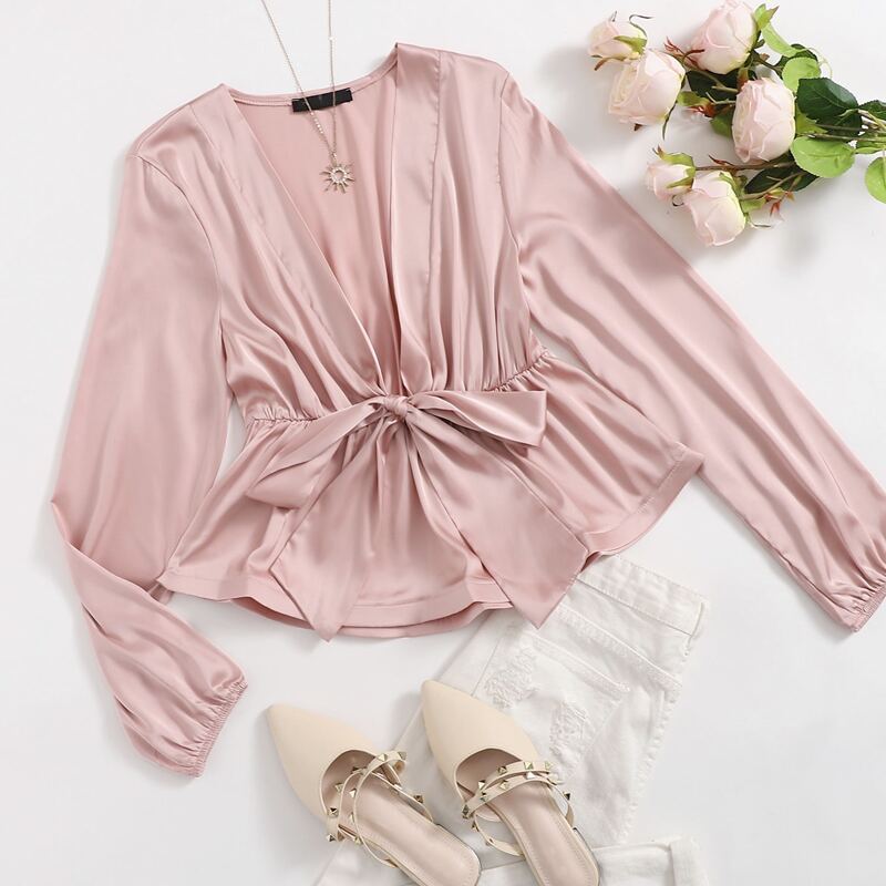 

Tie Front Satin Peplum Top, Baby pink