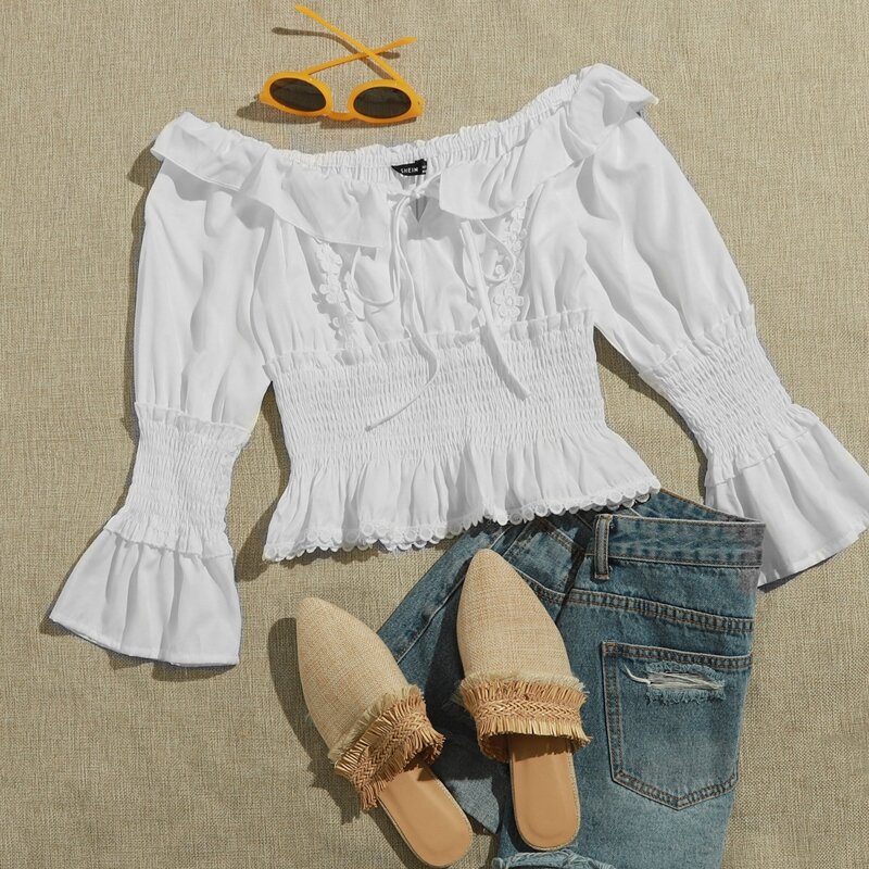 

Off Shoulder Tie Front Shirred Waist Lace Trim Peplum Top, White