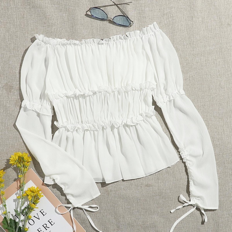 

Off Shoulder Frill Trim Ruched Bust Top, White