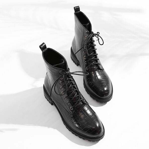 

Croc Embossed Lace-up Front Boots, Black