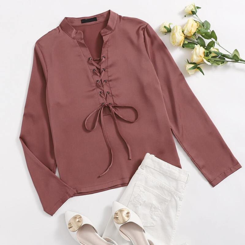 

Lace Up Front Rolled Sleeve Blouse, Rose red