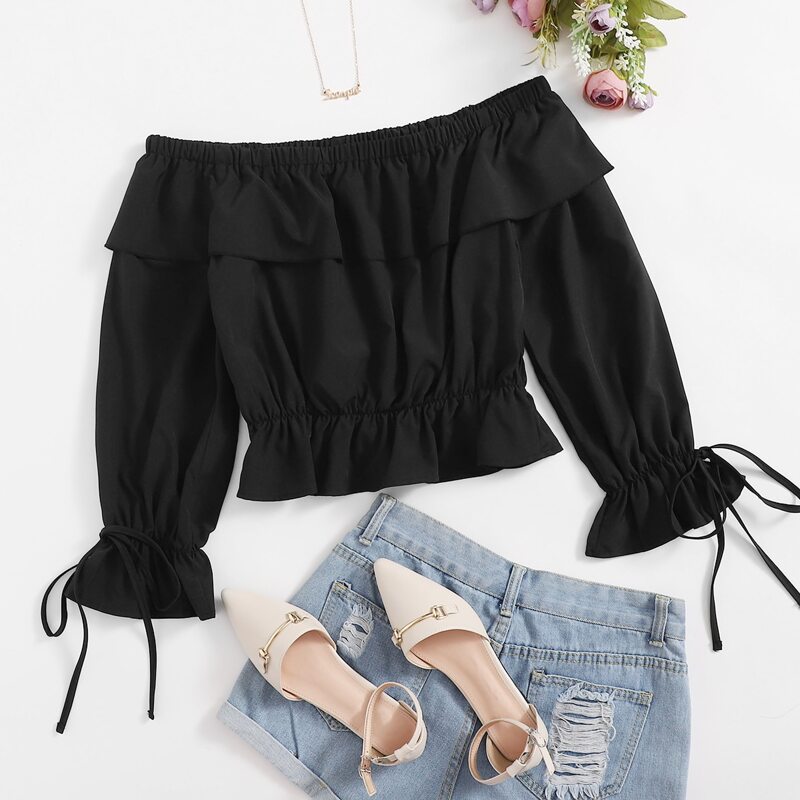 

Off Shoulder Knot Detail Sleeve Ruffle Trim Top, Black