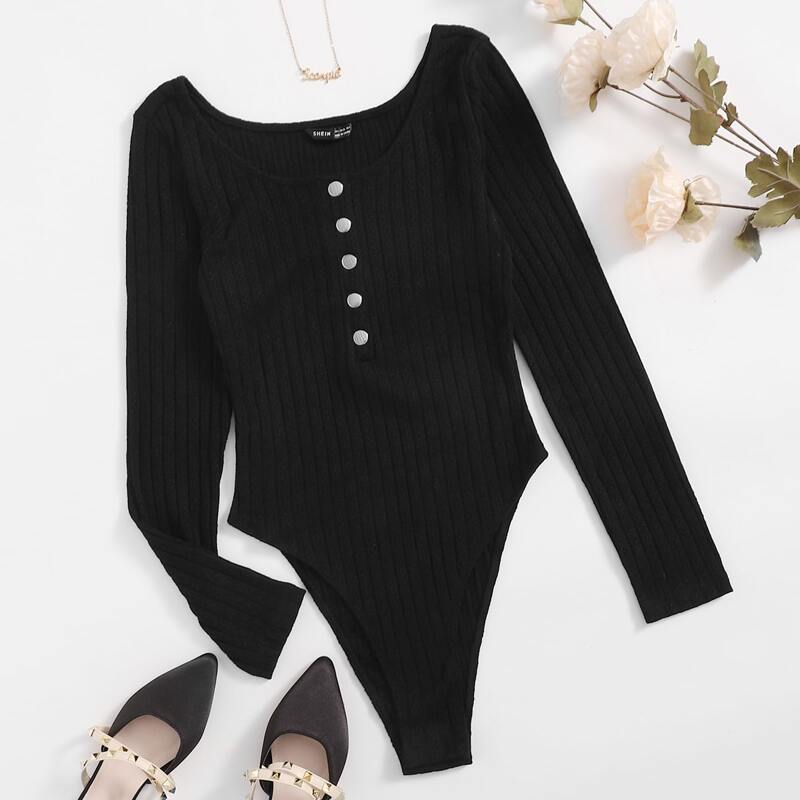 

Press Button Half Placket Solid Bodysuit, Black