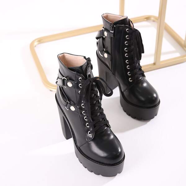 

Minimalist Lace-up Front Chunky Heeled Boots, Black