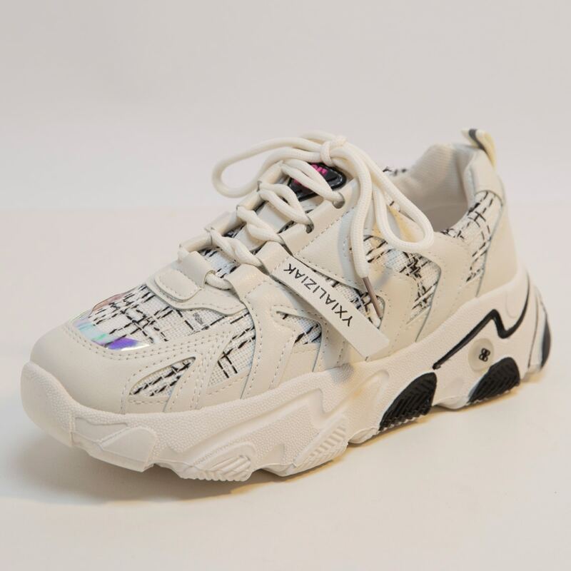 

Plaid Lace-up Front Chunky Sneakers, Beige