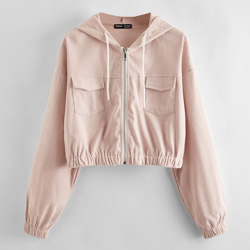 

Zip Up Drawstring Hooded Jacket, Pastel baby pink
