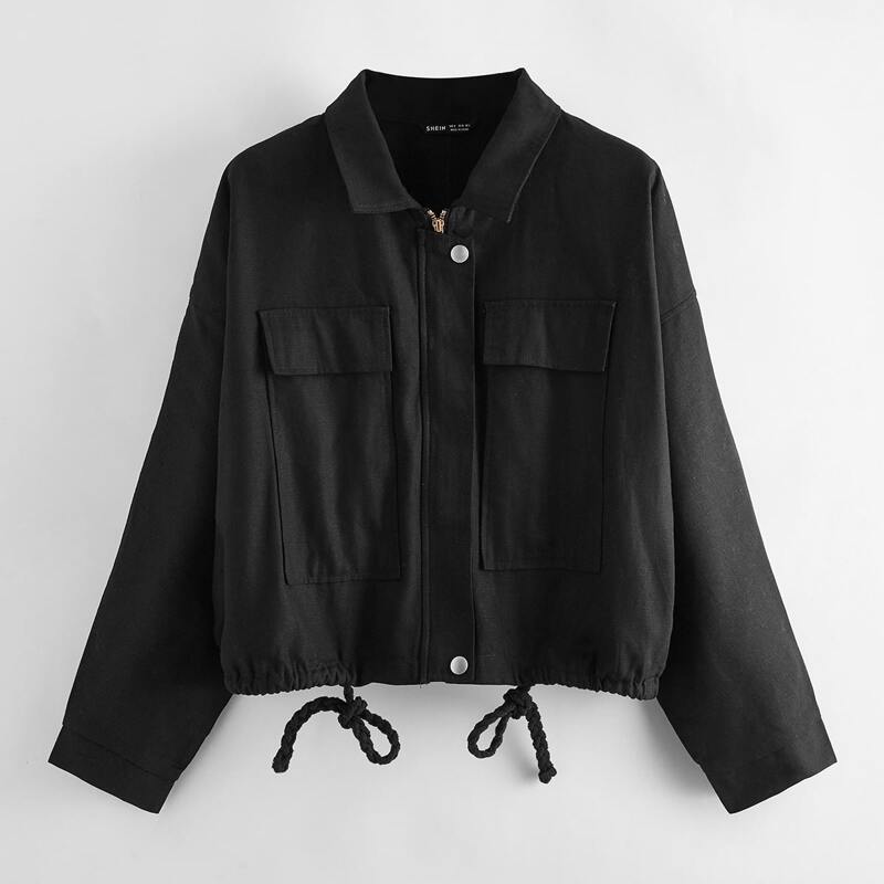 

Collared Zip Up Pocket Front Drawstring Hem Jacket, Black