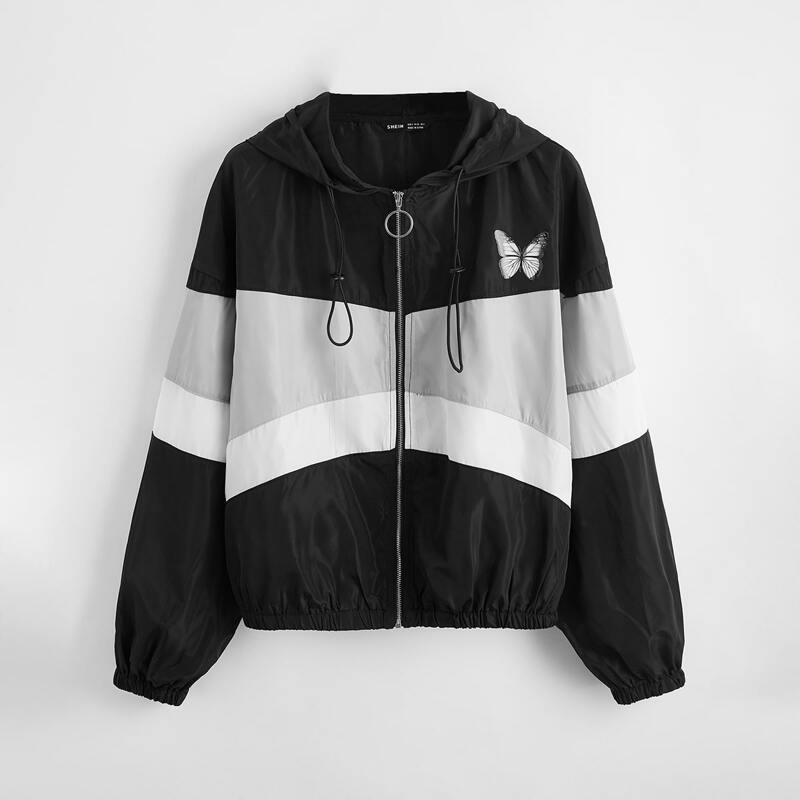 

Colorblock Butterfly Print Hooded Wind Jacket, Black