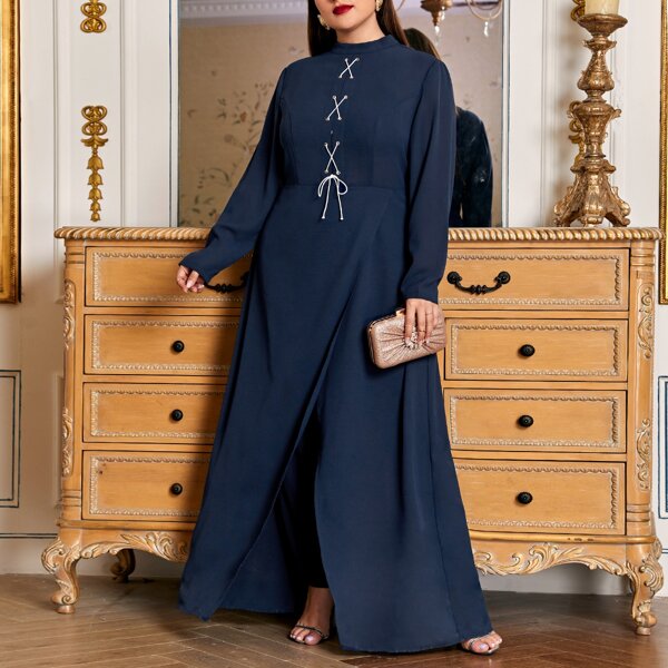 

Plus Mock Neck Lace Up Front Jumpsuit With Split Skirt, Navy blue